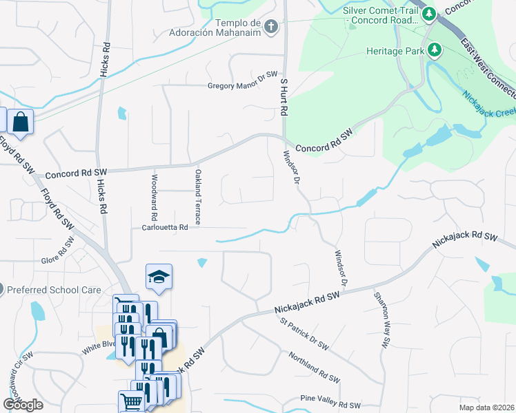 map of restaurants, bars, coffee shops, grocery stores, and more near 4591 Gann Crossing Southwest in Smyrna