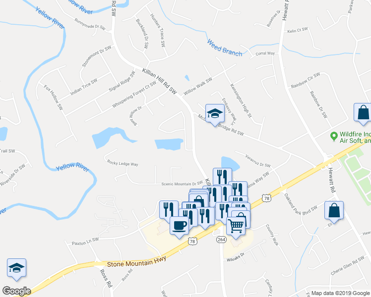 map of restaurants, bars, coffee shops, grocery stores, and more near 4173 Pond Edge Road Southwest in Lilburn