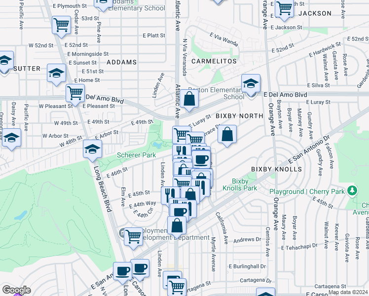 map of restaurants, bars, coffee shops, grocery stores, and more near 651 East 46th Street in Long Beach