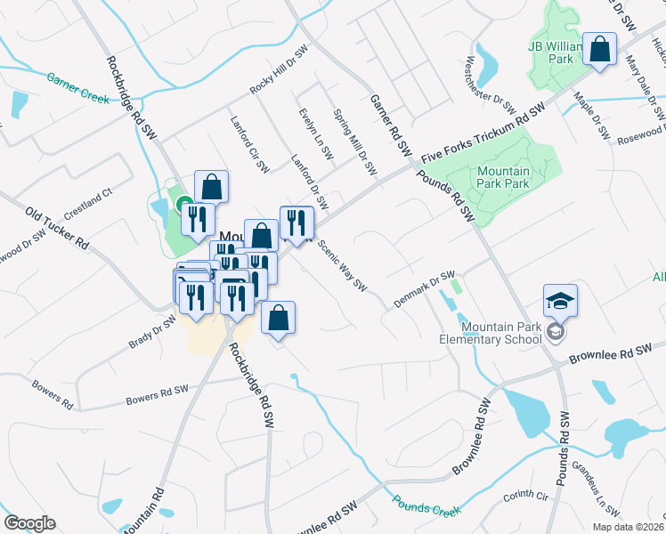 map of restaurants, bars, coffee shops, grocery stores, and more near 1259 Scenic Way Southwest in Lilburn