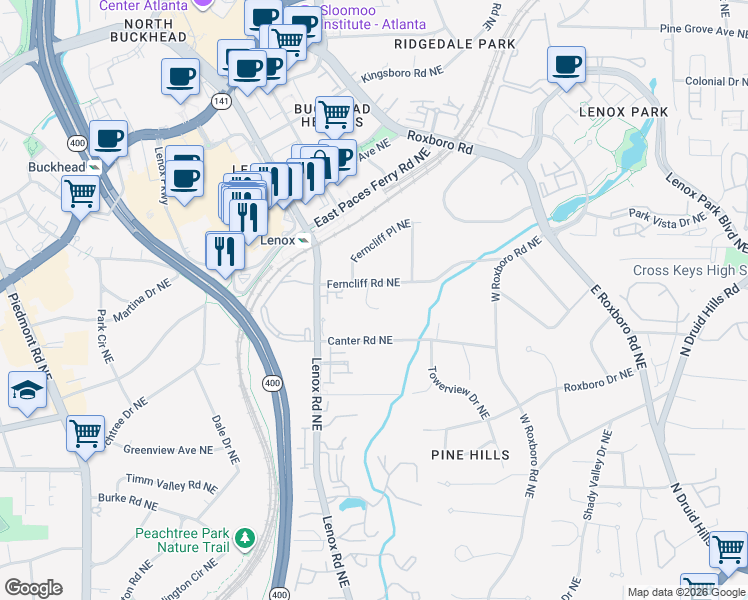 map of restaurants, bars, coffee shops, grocery stores, and more near 3155 Ferncliff Commons Northeast in Atlanta