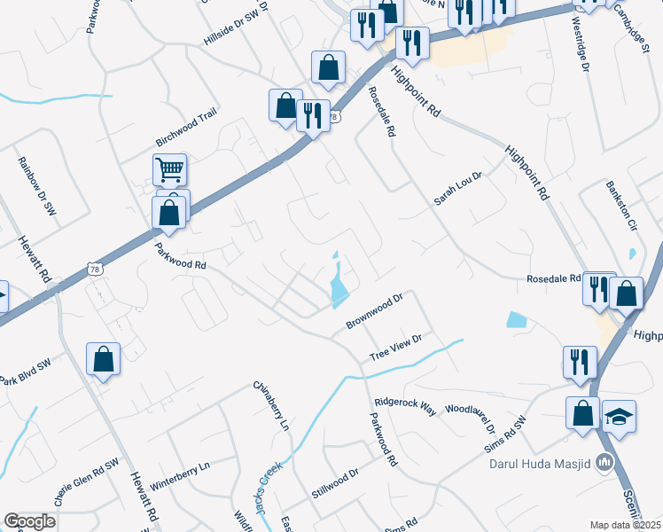 map of restaurants, bars, coffee shops, grocery stores, and more near 3390 Park Glenn Lane in Snellville