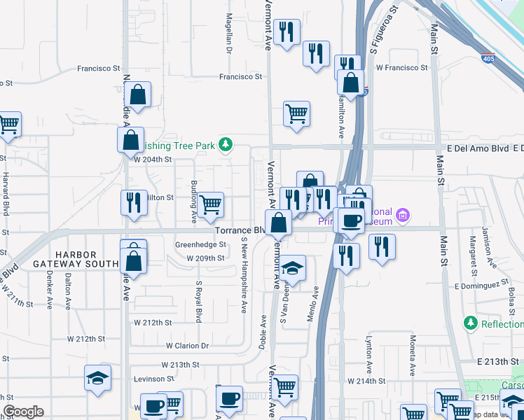 map of restaurants, bars, coffee shops, grocery stores, and more near 20547 South Vermont Avenue in Torrance
