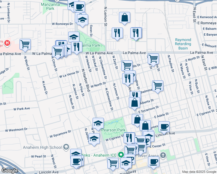 map of restaurants, bars, coffee shops, grocery stores, and more near 746 North Clementine Street in Anaheim