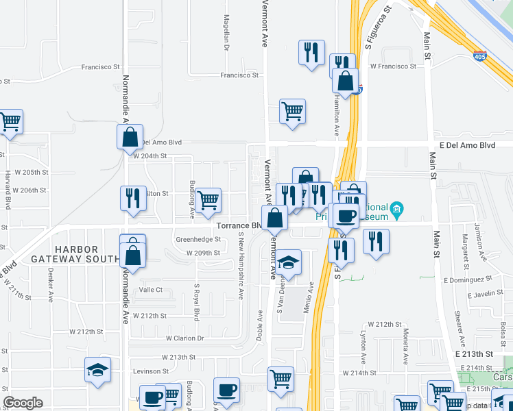 map of restaurants, bars, coffee shops, grocery stores, and more near 20557 South Vermont Avenue in Torrance