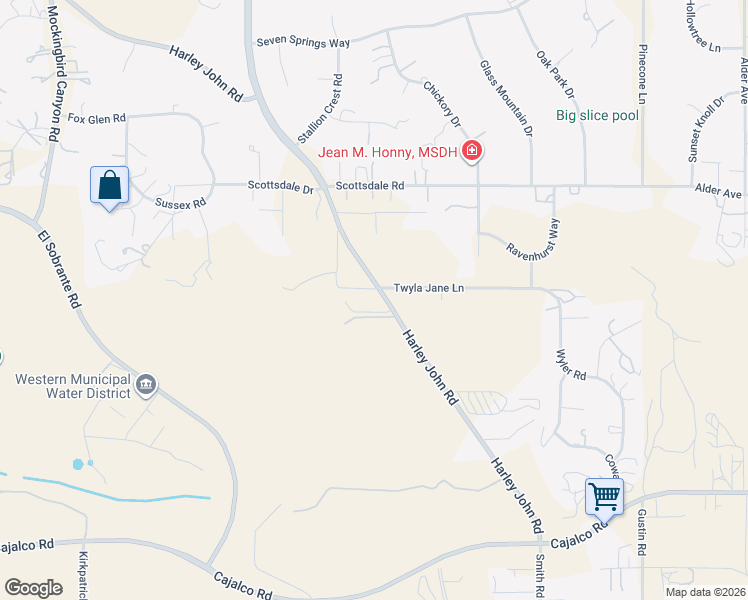 map of restaurants, bars, coffee shops, grocery stores, and more near Harley John Road in Riverside County