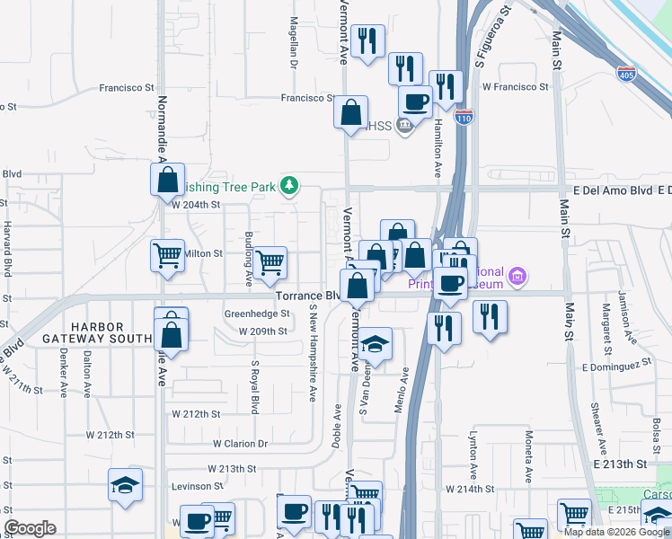 map of restaurants, bars, coffee shops, grocery stores, and more near 20701 New Hampshire Avenue in Torrance