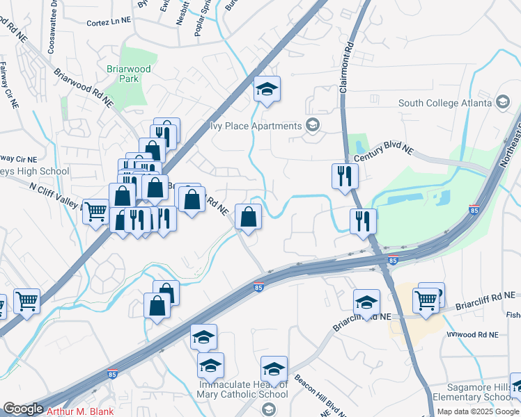 map of restaurants, bars, coffee shops, grocery stores, and more near 1816 Briarwood Industrial Court Northeast in Atlanta