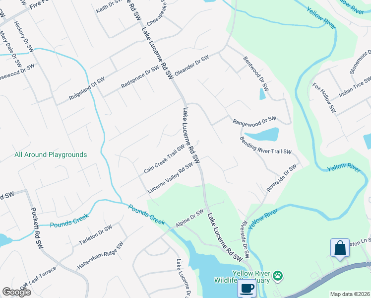 map of restaurants, bars, coffee shops, grocery stores, and more near 4063 Cain Creek Trail Southwest in Lilburn