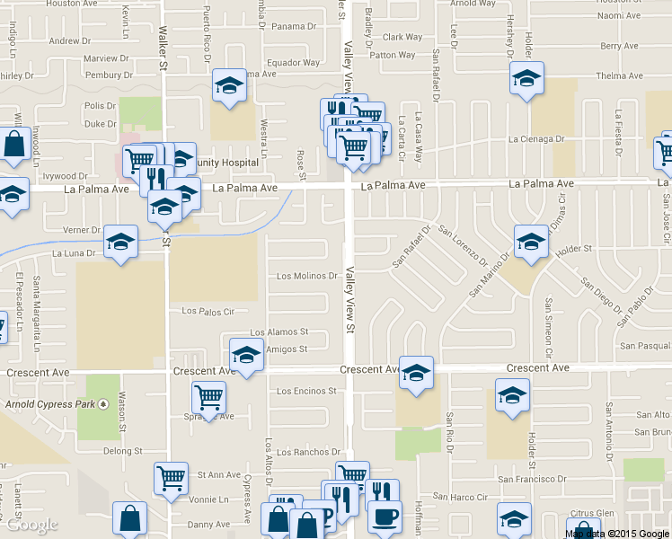 map of restaurants, bars, coffee shops, grocery stores, and more near 5965 Los Molinos Drive in Buena Park