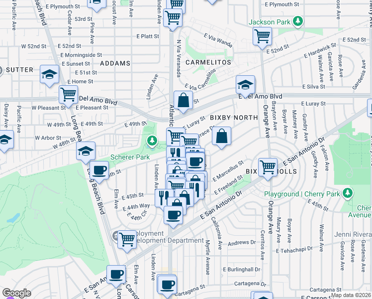 map of restaurants, bars, coffee shops, grocery stores, and more near 761 East 46th Street in Long Beach