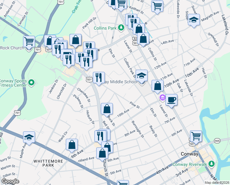 map of restaurants, bars, coffee shops, grocery stores, and more near 1026 Pine Street in Conway