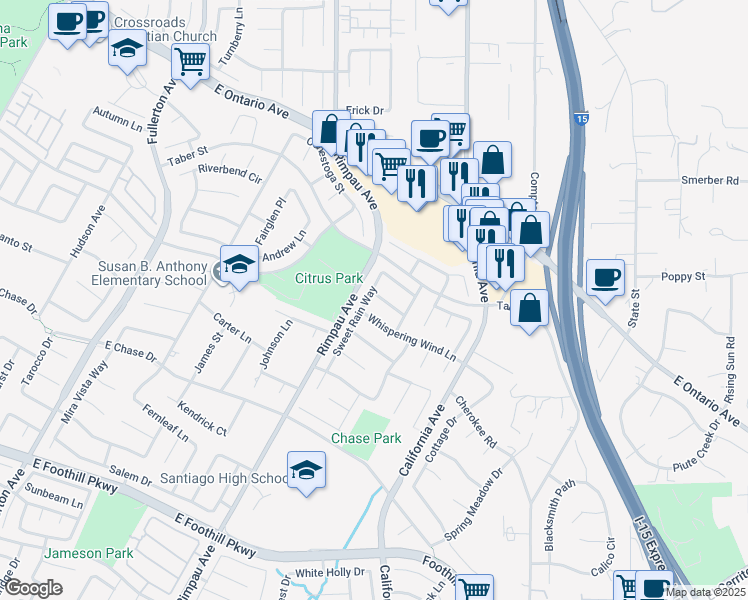map of restaurants, bars, coffee shops, grocery stores, and more near 2515 Sweet Rain Way in Corona