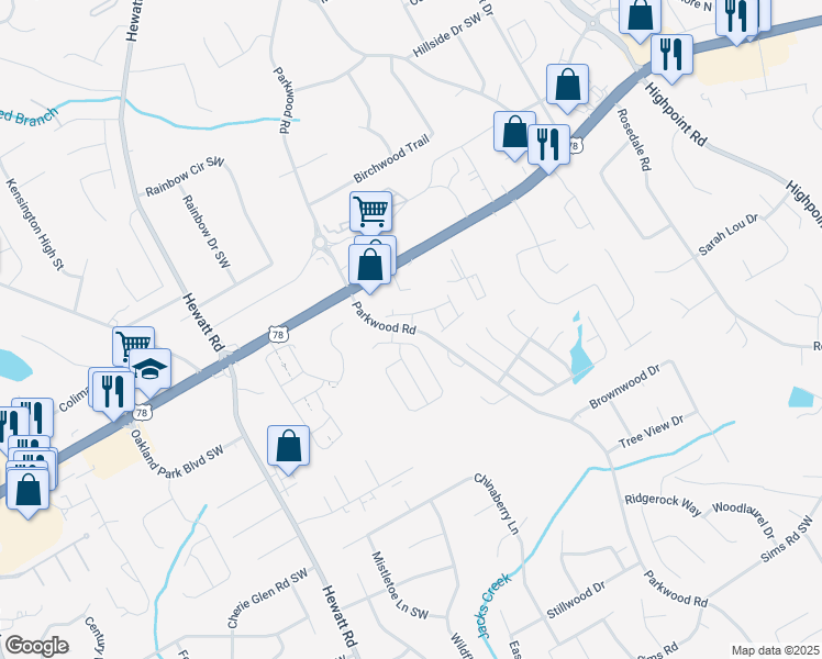 map of restaurants, bars, coffee shops, grocery stores, and more near 2262 Parkwood Road in Snellville