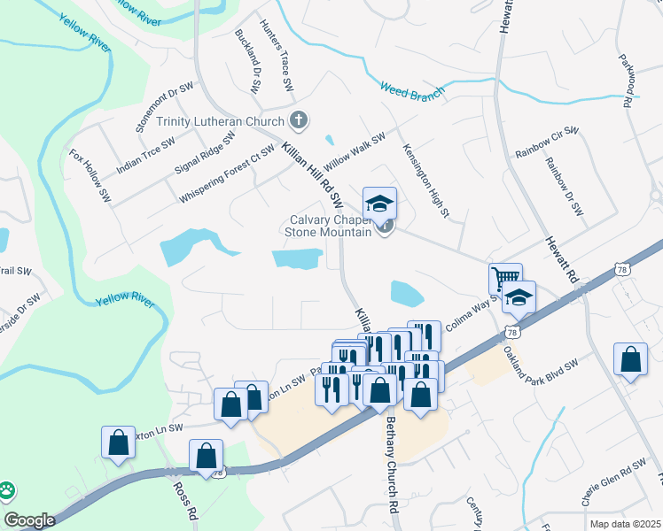 map of restaurants, bars, coffee shops, grocery stores, and more near 4033 Pond Edge Road Southwest in Snellville