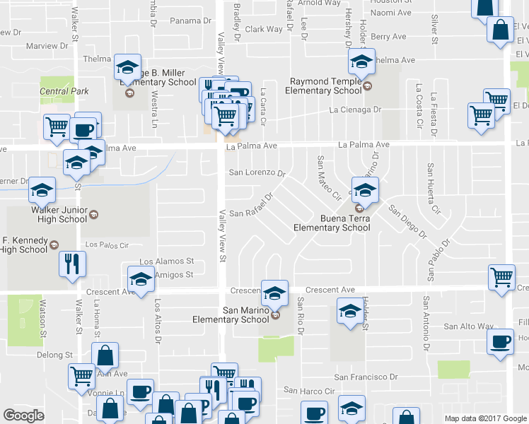map of restaurants, bars, coffee shops, grocery stores, and more near 6176 San Ricardo Way in Buena Park