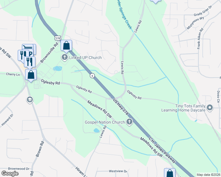 map of restaurants, bars, coffee shops, grocery stores, and more near C.H. James Parkway in Powder Springs