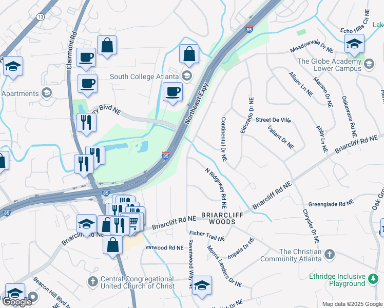 map of restaurants, bars, coffee shops, grocery stores, and more near 2039 Fisher Trail Northeast in Atlanta