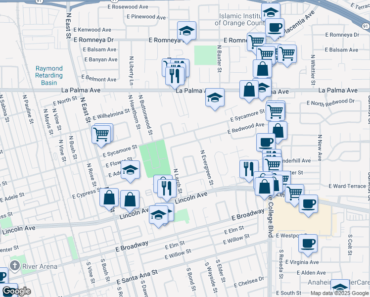 map of restaurants, bars, coffee shops, grocery stores, and more near 1540 East Redwood Avenue in Anaheim