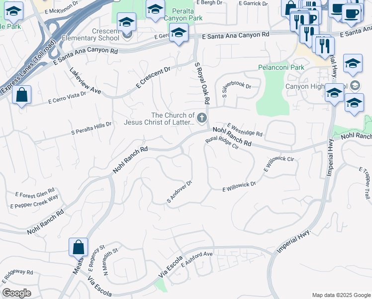 map of restaurants, bars, coffee shops, grocery stores, and more near 5221 East Fairlee Court in Anaheim