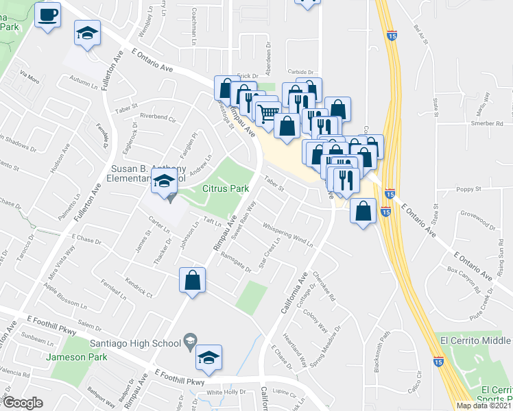 map of restaurants, bars, coffee shops, grocery stores, and more near 2515 Sweet Rain Way in Corona