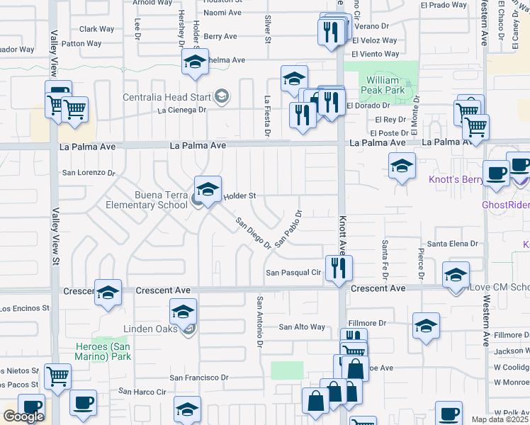 map of restaurants, bars, coffee shops, grocery stores, and more near 8181 San Huerta Circle in Buena Park