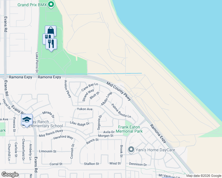 map of restaurants, bars, coffee shops, grocery stores, and more near 1402 Cane Bay Lane in Perris