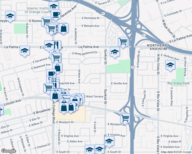 map of restaurants, bars, coffee shops, grocery stores, and more near 2415 East Seville Avenue in Anaheim
