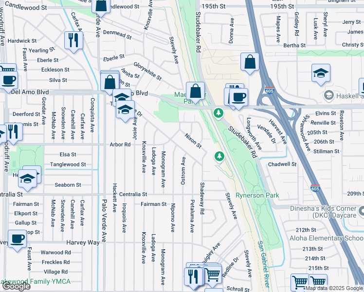 map of restaurants, bars, coffee shops, grocery stores, and more near 6709 Turnergrove Drive in Lakewood