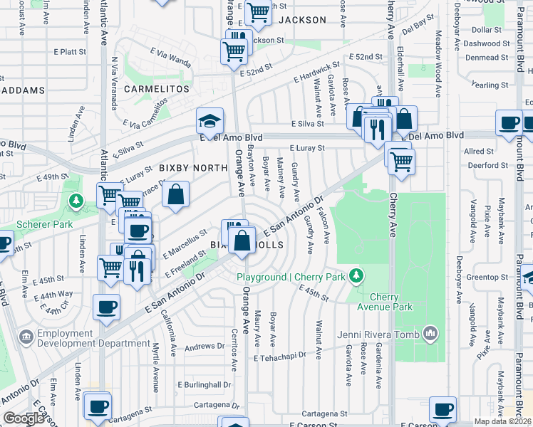 map of restaurants, bars, coffee shops, grocery stores, and more near 4640 North Banner Drive in Long Beach
