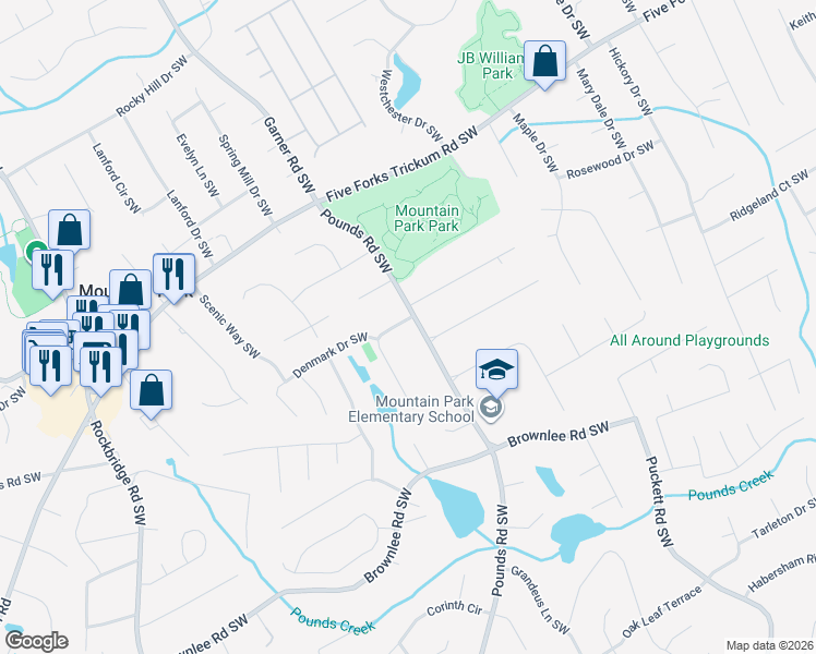 map of restaurants, bars, coffee shops, grocery stores, and more near 5720 Dovnick Drive Southwest in Lilburn