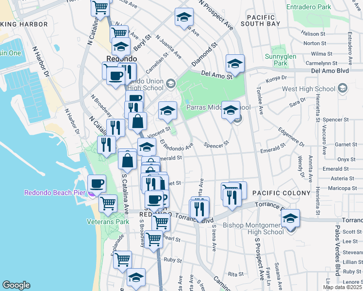 map of restaurants, bars, coffee shops, grocery stores, and more near 622 El Redondo in Redondo Beach