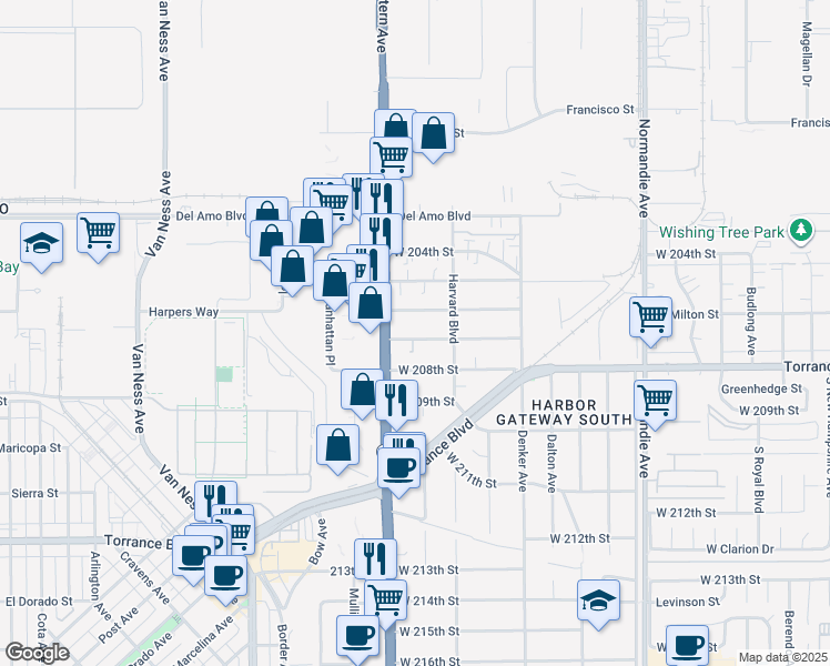 map of restaurants, bars, coffee shops, grocery stores, and more near 1639 West 207th Street in Torrance