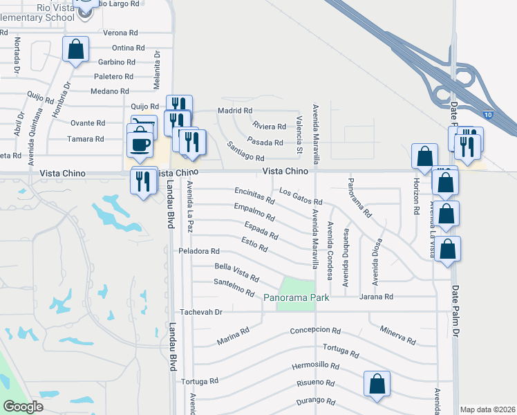 map of restaurants, bars, coffee shops, grocery stores, and more near 68190 Empalmo Road in Cathedral City