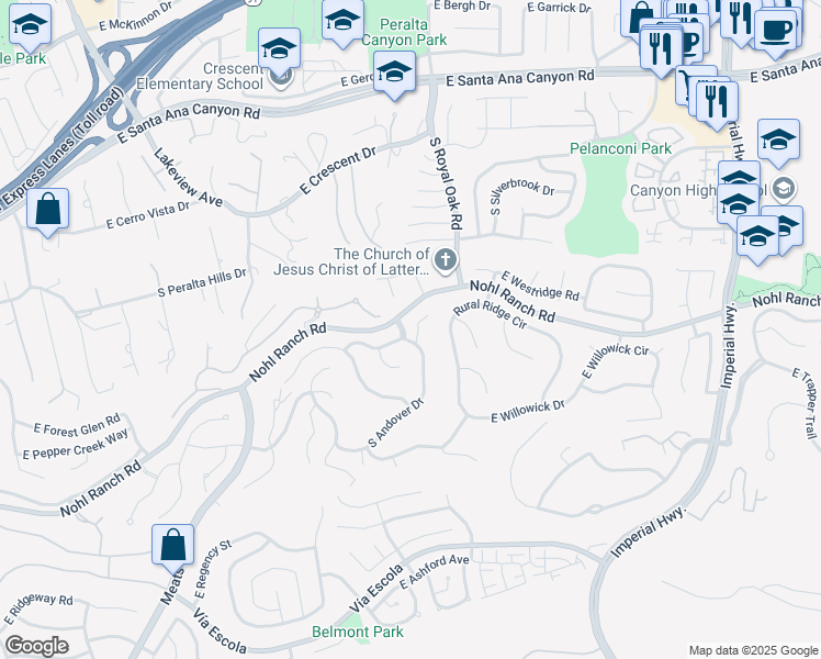map of restaurants, bars, coffee shops, grocery stores, and more near 5221 East Fairlee Court in Anaheim