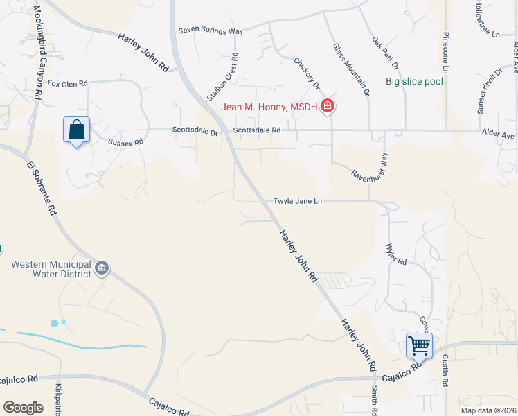 map of restaurants, bars, coffee shops, grocery stores, and more near 19025 Harley John Road in Riverside