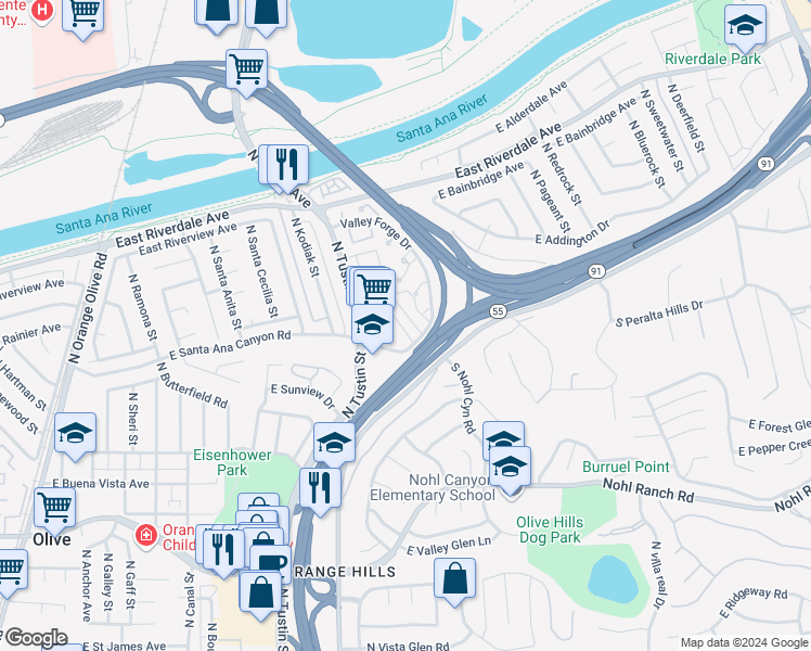 map of restaurants, bars, coffee shops, grocery stores, and more near 103 North Merrimac Drive in Anaheim