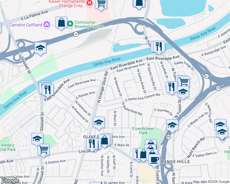 map of restaurants, bars, coffee shops, grocery stores, and more near 4056 North Ramona Street in Orange