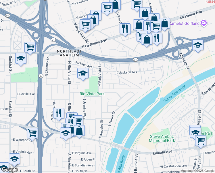 map of restaurants, bars, coffee shops, grocery stores, and more near 2933 East Greenhedge Avenue in Anaheim