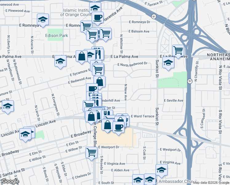 map of restaurants, bars, coffee shops, grocery stores, and more near 2200 East Blanchard Avenue in Anaheim