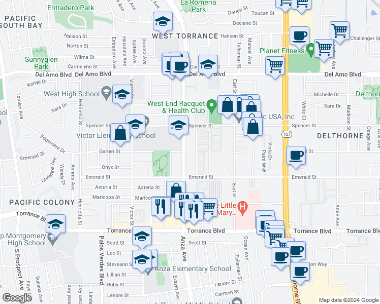 map of restaurants, bars, coffee shops, grocery stores, and more near 20606 Anza Avenue in Torrance