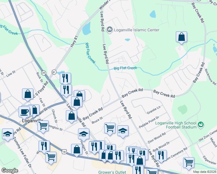 map of restaurants, bars, coffee shops, grocery stores, and more near 528 Mockingbird Lane in Loganville
