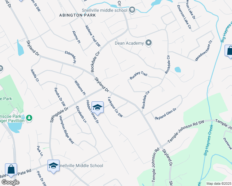 map of restaurants, bars, coffee shops, grocery stores, and more near 2136 Briarwood Court Southwest in Snellville