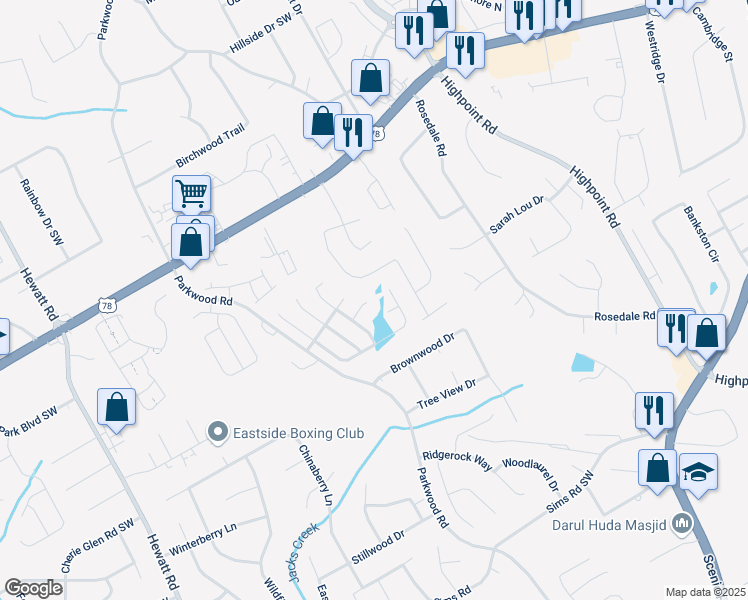 map of restaurants, bars, coffee shops, grocery stores, and more near 3390 Park Glenn Lane in Snellville