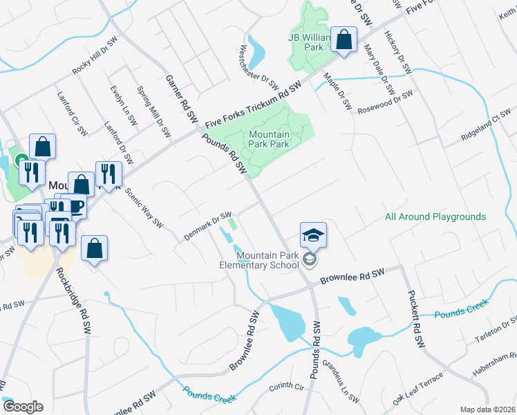 map of restaurants, bars, coffee shops, grocery stores, and more near 5720 Dovnick Drive Southwest in Lilburn