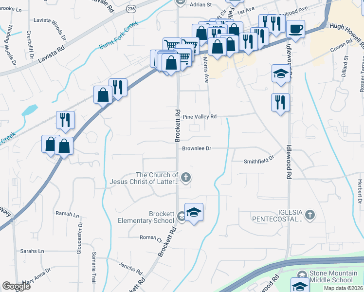 map of restaurants, bars, coffee shops, grocery stores, and more near 2022 Brockett Road in Tucker