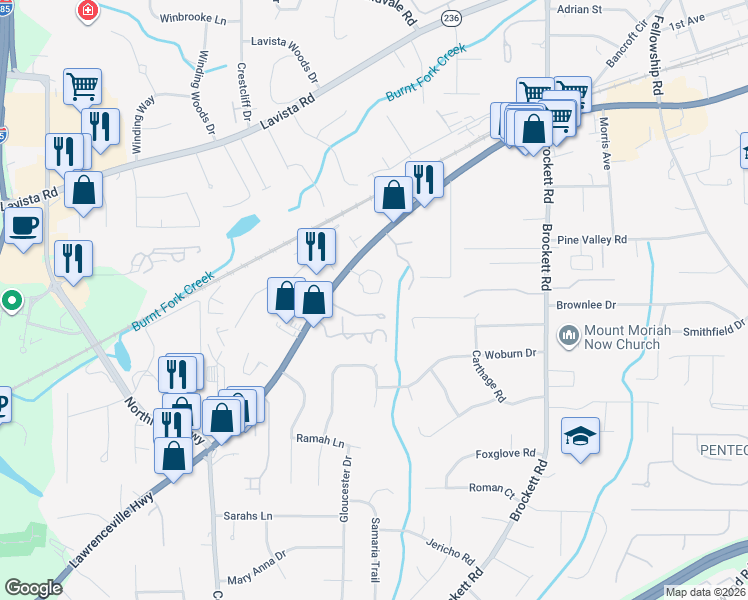 map of restaurants, bars, coffee shops, grocery stores, and more near 3603 Woodbriar Circle in Tucker