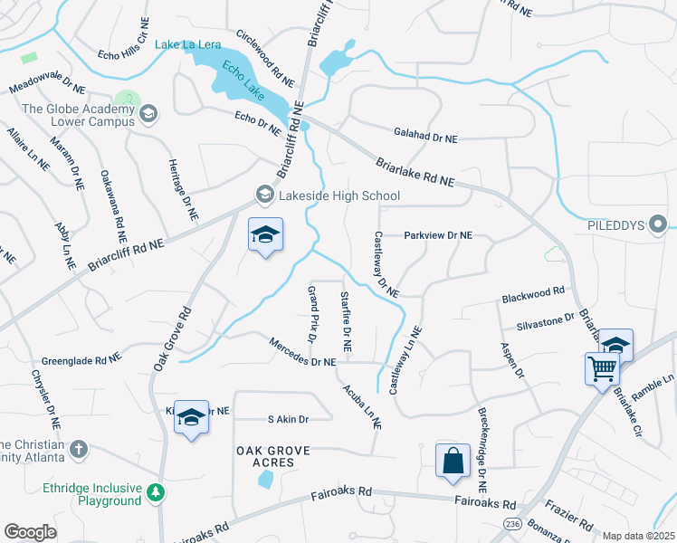 map of restaurants, bars, coffee shops, grocery stores, and more near 2034 Starfire Drive Northeast in Atlanta