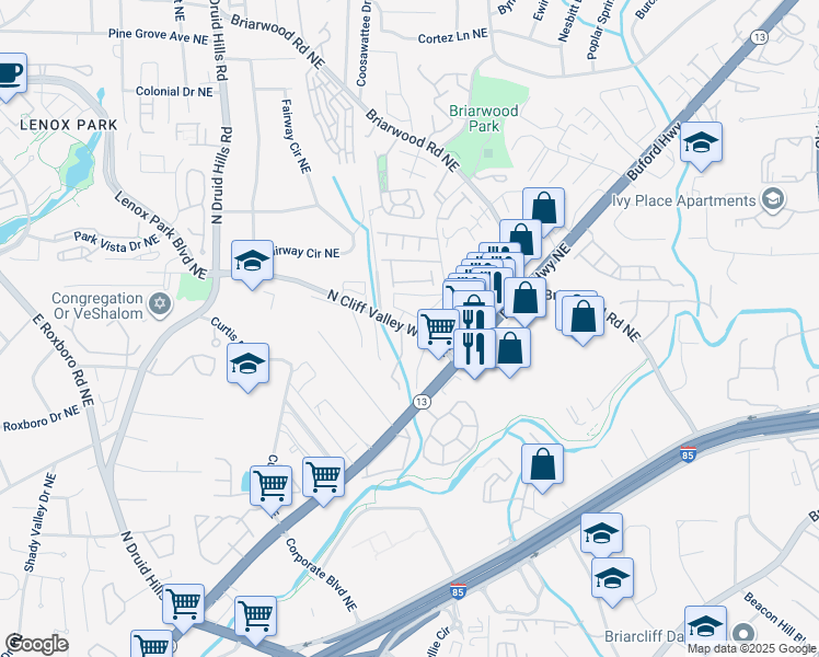 map of restaurants, bars, coffee shops, grocery stores, and more near 1403 North Cliff Valley Way Northeast in Atlanta