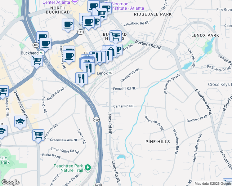 map of restaurants, bars, coffee shops, grocery stores, and more near 3301 Ferncliff Court in Atlanta